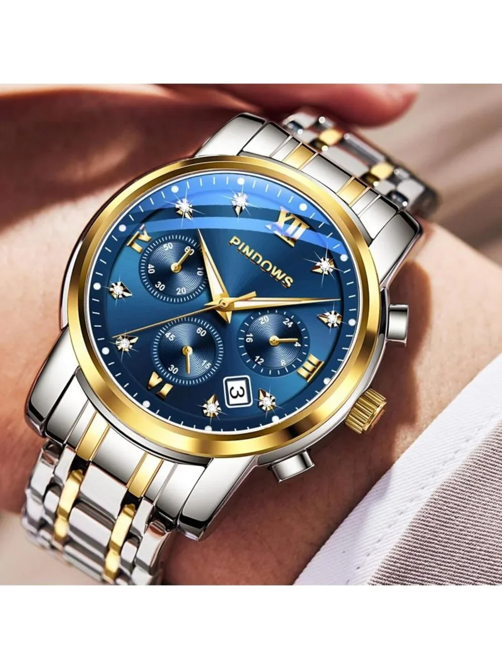 Men's Two Tone Blue Dial Classic Quartz Watch Stainless Steel Diamond Watch